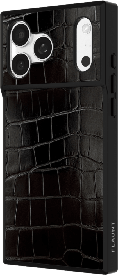 The FLAUNT SQUARE® Faux Leather case offers sleek, chic protection with a patent-pending square design and cushioned corners for enhanced shock absorption, featuring 12ft drop test protection.