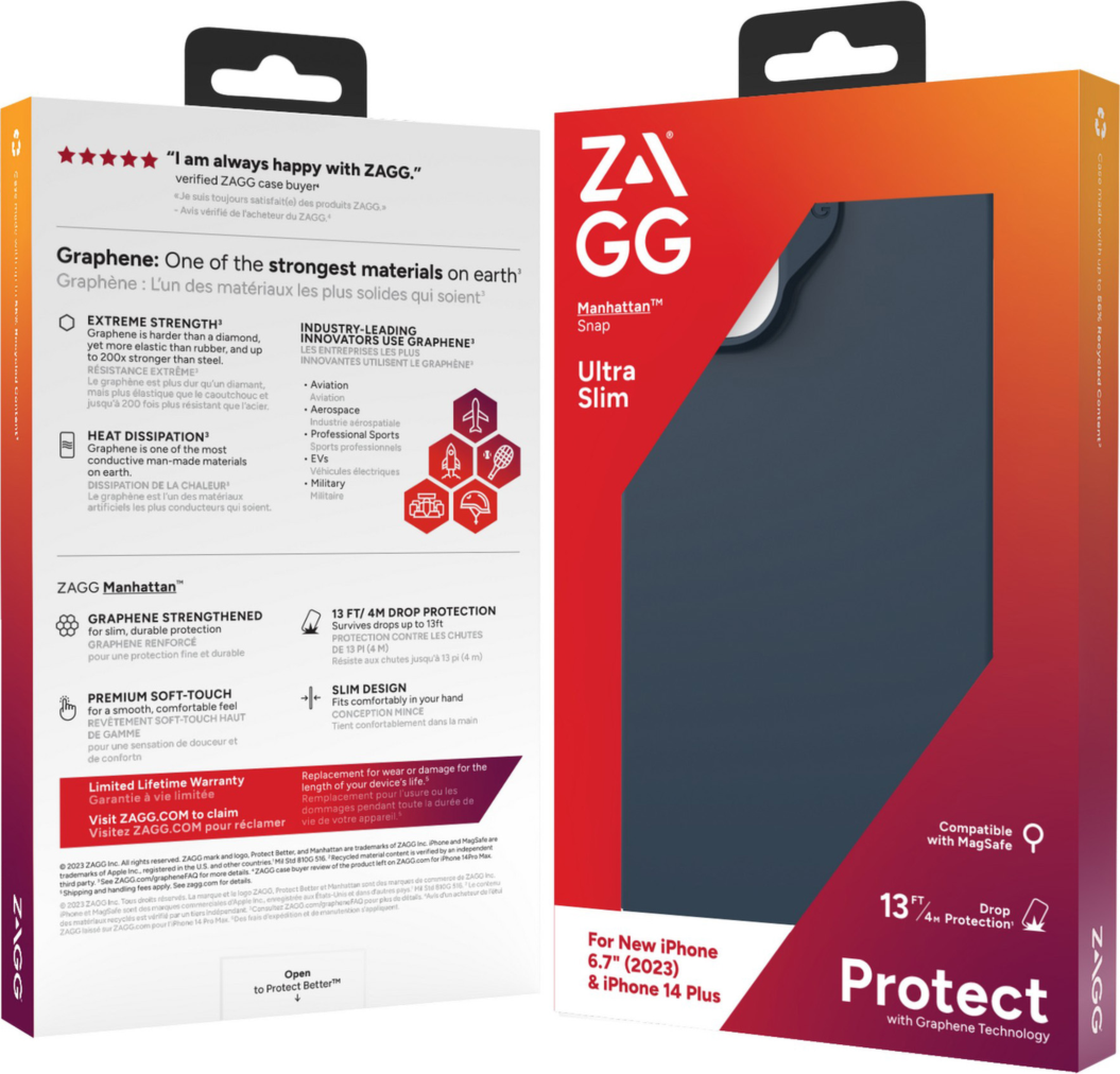 Strengthened with Graphene, ZAGG's Manhattan Snap series case combines premium silicone with 13 ft drop protection and seamless MagSafe compatibility.