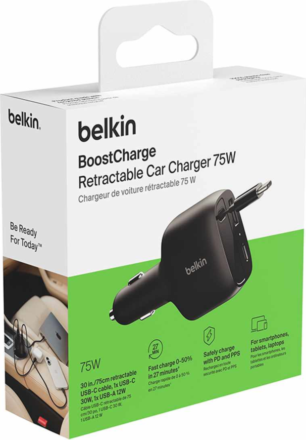 Belkin CCC001fqBK Chargeur de Voiture Rétractable BoostCharge 75W Noir