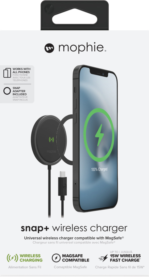 <p>Whether you own a MagSafe enabled iPhone or another qi wireless charging enabled device, the mophie snap+ wireless charger delivers up to 15W charge. Includes adapter ring for non-MagSafe phones.</p>