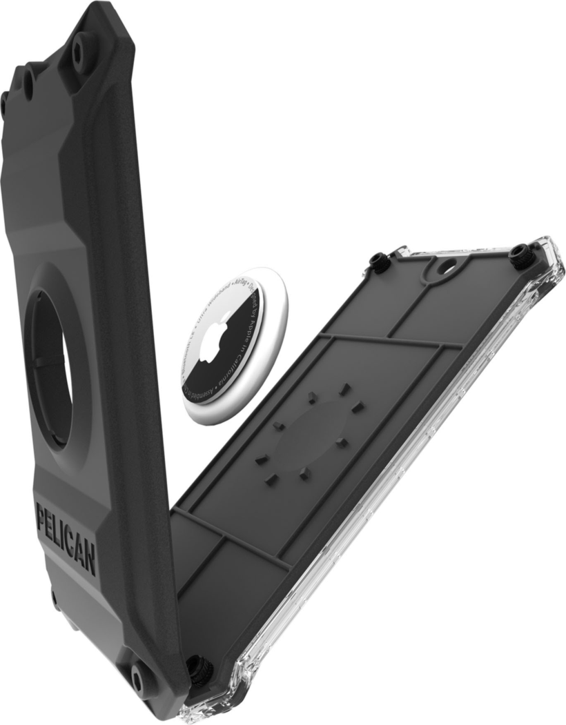 The Pelican Protector Luggage Tag offers rugged, military-grade protection for an AirTag and name card within its screw-secured, steel-reinforced hardshell with detachable stainless steel cable.