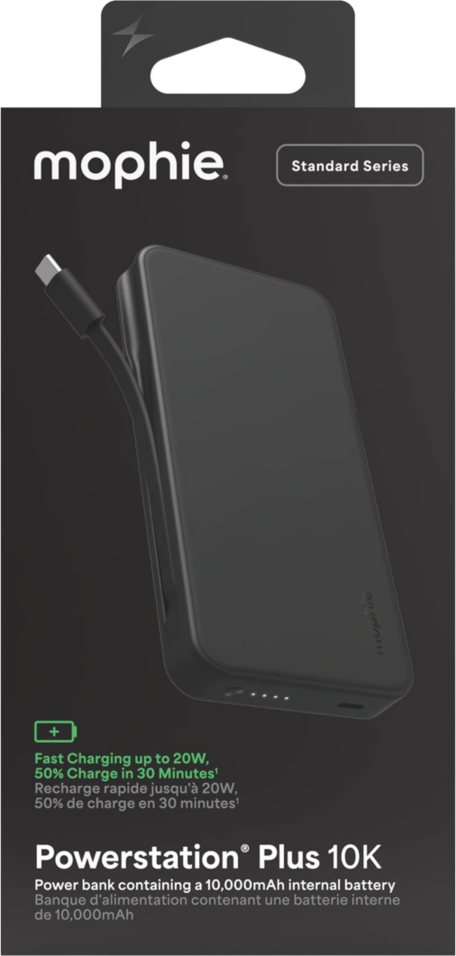Mophie 10,000 mAh Powerstation Plus delivers up to 20W fast charging with an integrated USB-C cable, dual-device charging, and enough power for up to two full phone charges.