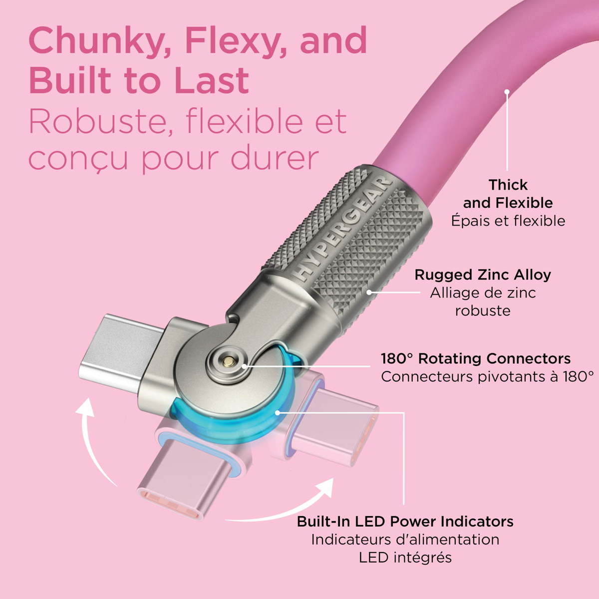 HyperGear 12 pi 360cm câble USB-C à USB-C Chunky 180 robuste avec connecteurs rotatifs - Rose
