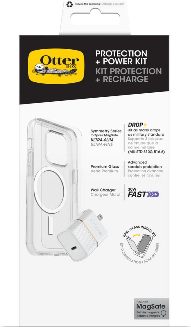 OtterBox’s Protection + Power Kit offers 360° protection and power in one bundle. It includes a Symmetry Series Clear case with MagSafe, a Glass Screen Protector, and a high-performance 30W Wall Charger.