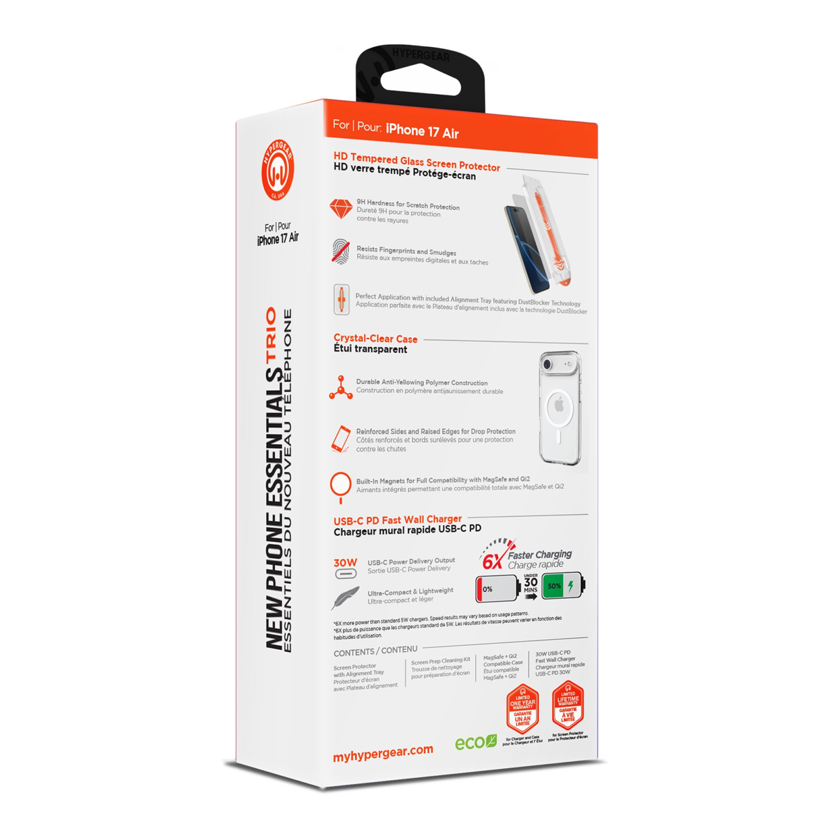 The HyperGear Accessory Bundle provides all the essentials to get started with a new phone: a clear MagSafe case, a screen protector, and a fast-charging 30W power adapter.