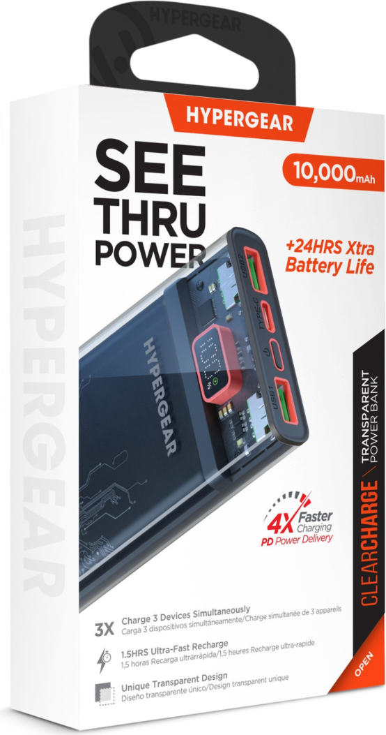 <p>The HyperGear 10,000 mAh Transparent Fast Charge Power Bank charges 3 devices at once, delivering up to 22.5W of combined power with a USB-C PD port and two USB-A fast charging ports.</p>