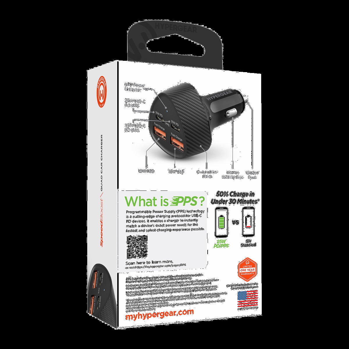 HyperGear SpeedBoost 50W Dual USB-C & Dual USB-A CLA Fast Charge Car Charger - Black