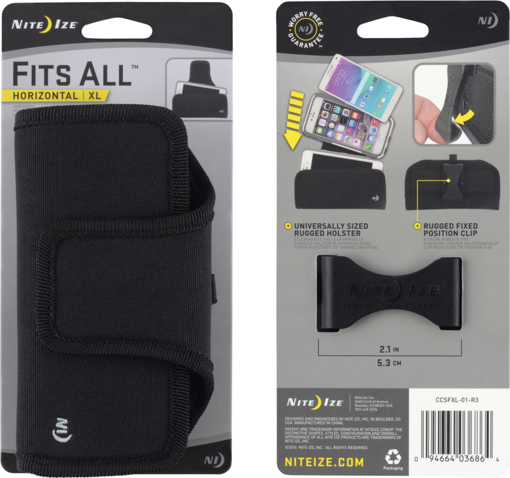 The NiteIze Fits All Phone Holster is constructed from durable, rugged materials and keeps your phone securely attached to your belt or waistband.