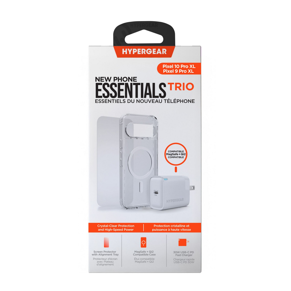 The HyperGear Accessory Bundle provides all the essentials to get started with a new phone: a clear MagSafe case, a screen protector, and a fast-charging 30W power adapter.