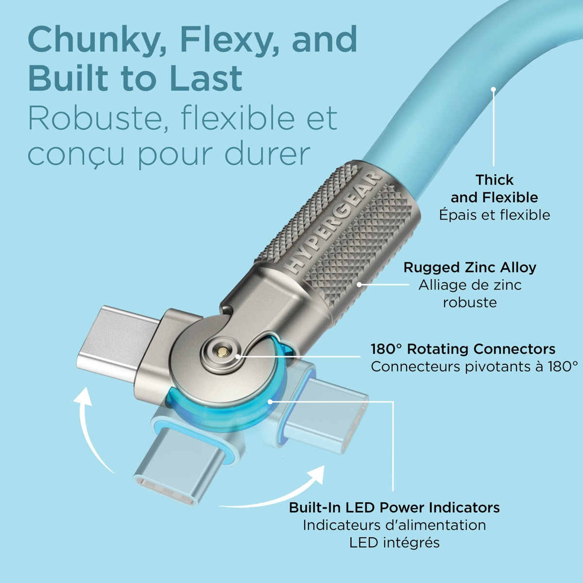 The HyperGear Chunky180° 6ft USB-C to USB-C cable is 20X stronger than standard cables, provides fast charging performance and features dual 180° rotating tips which reduce strain on ports.
