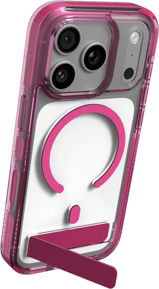 The ZAGG Santa Cruz Snap is a transparent case with pops of color that accent its design. It offers 13-foot drop protection, a sturdy kickstand that folds flush with the case, and is MagSafe compatible.