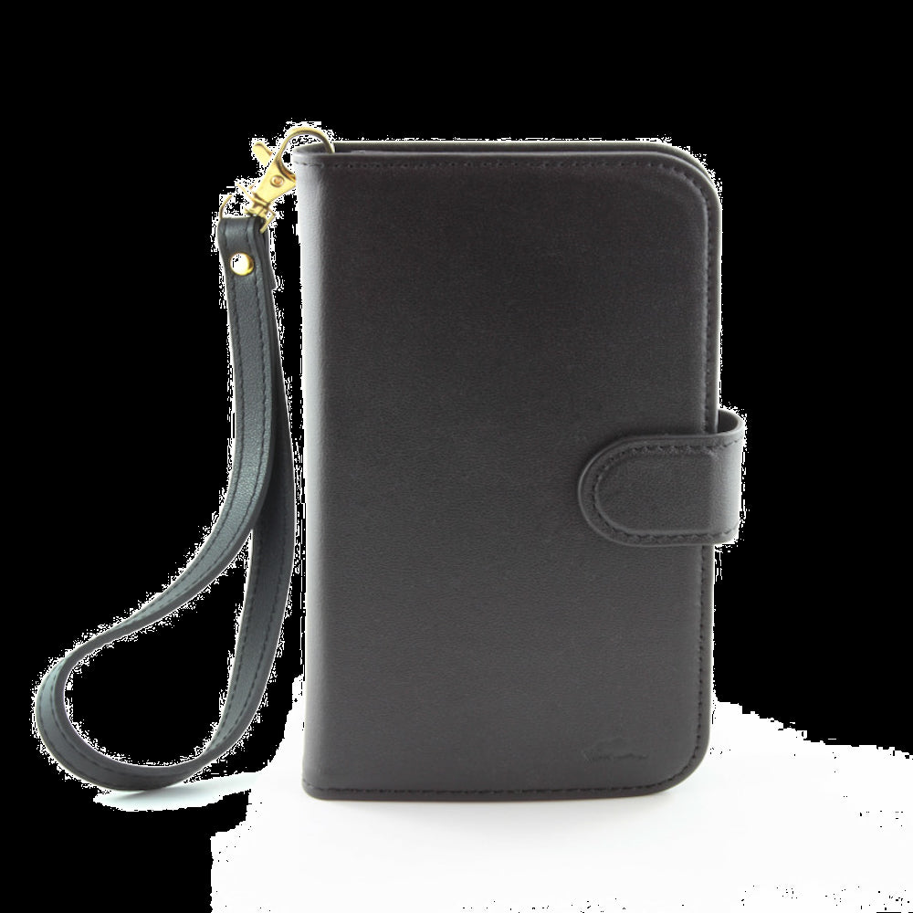 Leather Folio w/ detachable back, detachable strap, holds 4 cards