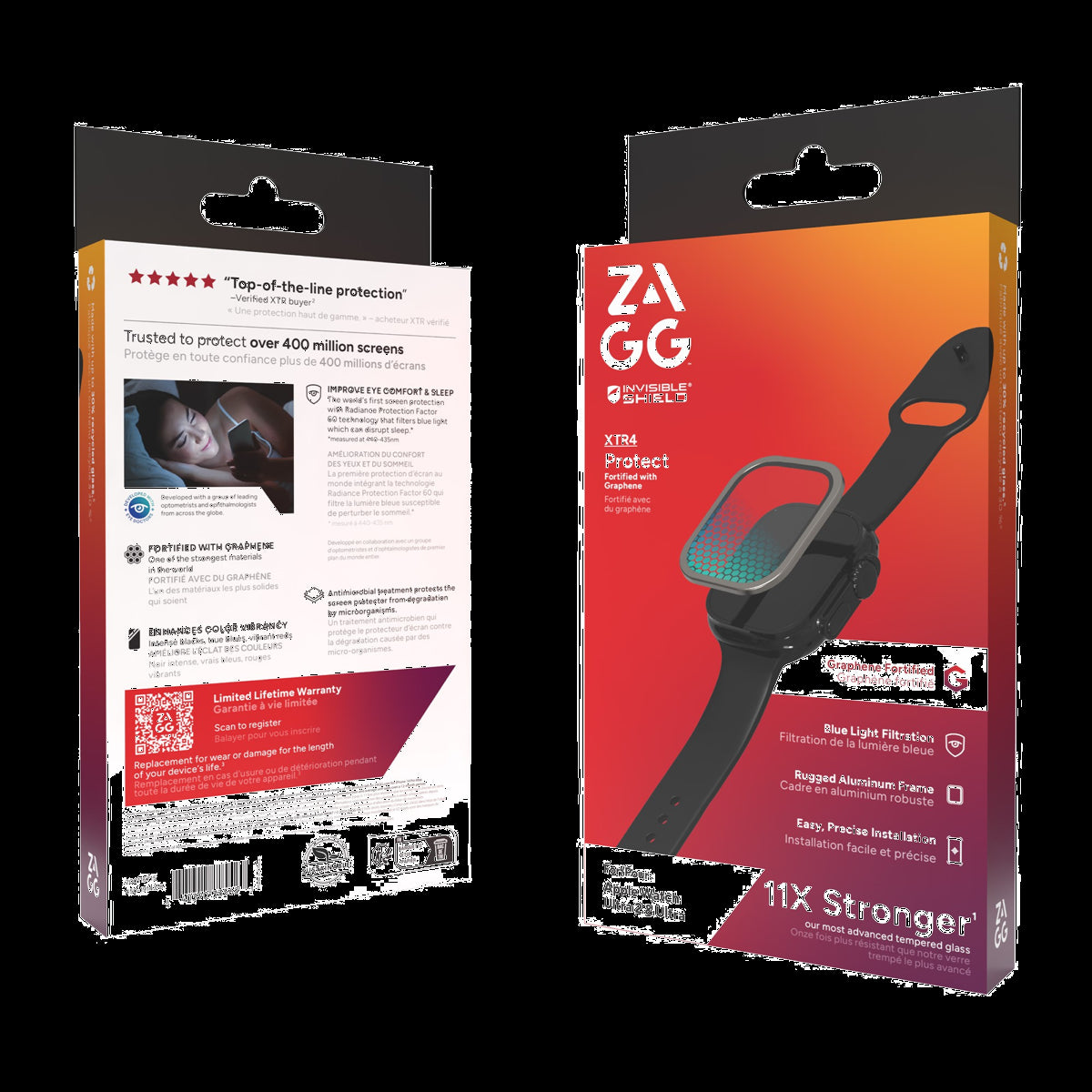 <p>Fortified with graphene, the ZAGG InvisibleShield Glass XTR4 Screen Protector for Apple Watch features a blue light filter, anti-reflective technology, and a sleek aluminum frame.</p>