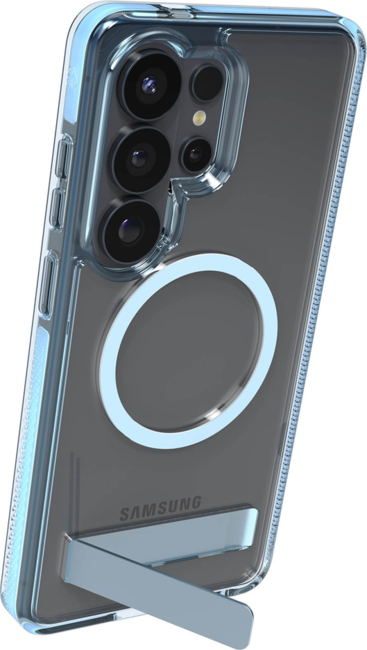 The ZAGG Santa Cruz Snap is a transparent case with pops of color that accent its design. It offers 13-foot drop protection, a sturdy kickstand that folds flush with the case.