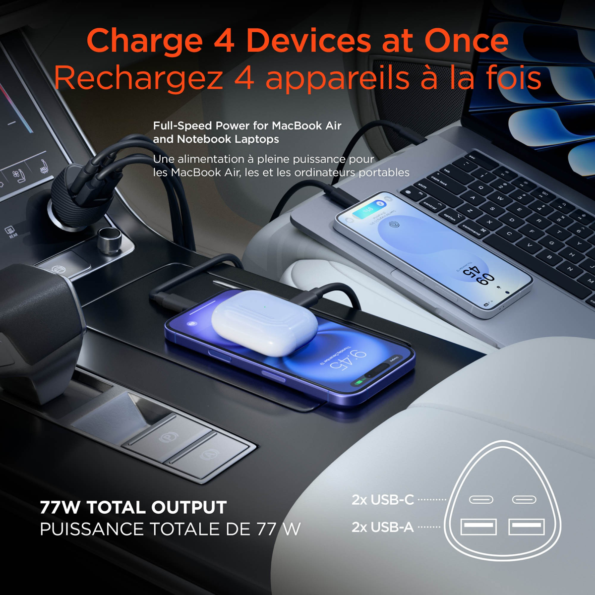 Chargeur de voiture HyperGear SpeedBoost 77 W à double port USB-C et double port USB-A CLA à recharge rapide - Noir
