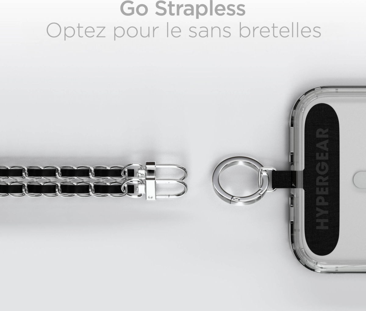 This HyperGear Universal Crossbody Phone Strap blends luxe vegan leather and a polished gold chain for a chic, hands-free carry. It offers a secure, undroppable, and adjustable fit for any phone.