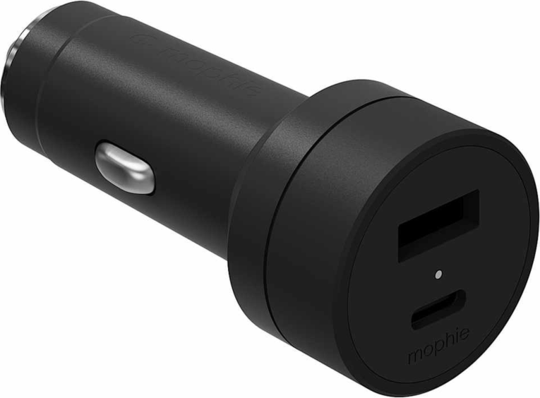 <p>Mophie's 42W Dual USB-A & USB-C PD Car Charger can simultaneously charge two devices, delivering up to 42W of shared power with one USB-A and one USB-C port.</p>