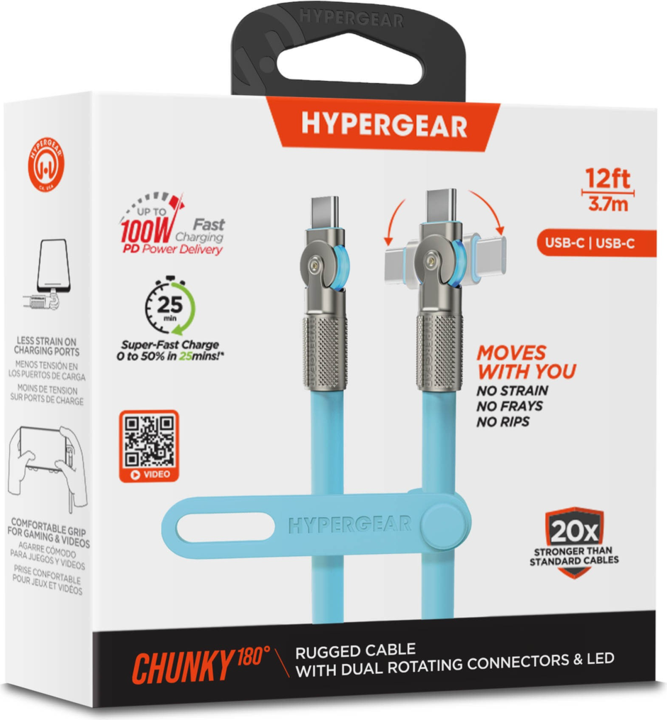 HyperGear 12 ft. 360cm USB-C to USB-C Chunky 180 Rugged Cable w/Rotating Connectors