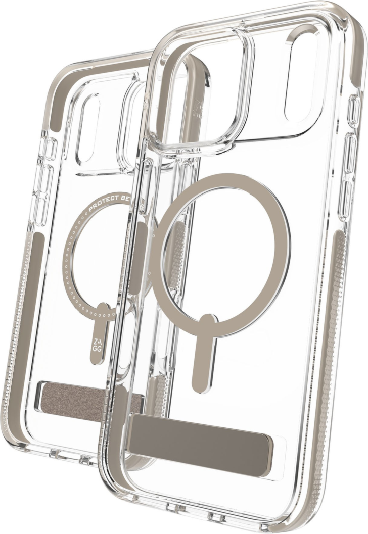 The ZAGG Santa Cruz Snap is a transparent case with pops of color that accent its design. It offers 13-foot drop protection, a sturdy kickstand that folds flush with the case, and is MagSafe compatible.