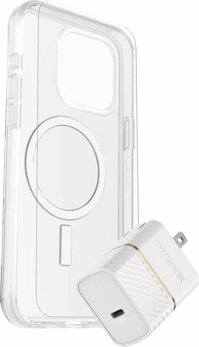 Kit Protection + Puissance (Symmetry Clear MagSafe avec verre trempé + chargeur mural 30W blanc) pour iPhone 16