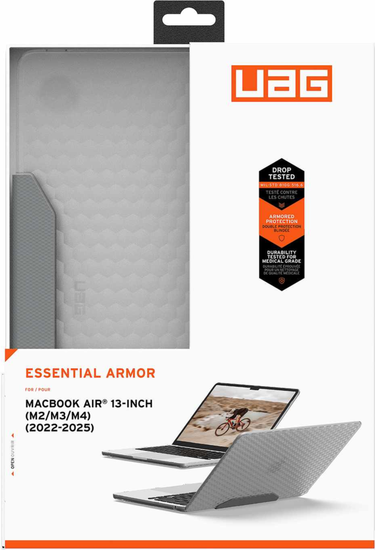 The UAG Essential Armor for Apple MacBooks is a one-piece, featherlight case featuring a translucent design, tactile grip, MIL-STD drop protection, and cooling vents for optimized performance.