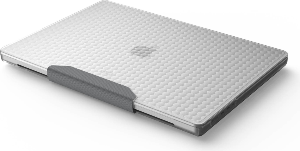 The UAG Essential Armor for Apple MacBooks is a one-piece, featherlight case featuring a translucent design, tactile grip, MIL-STD drop protection, and cooling vents for optimized performance.