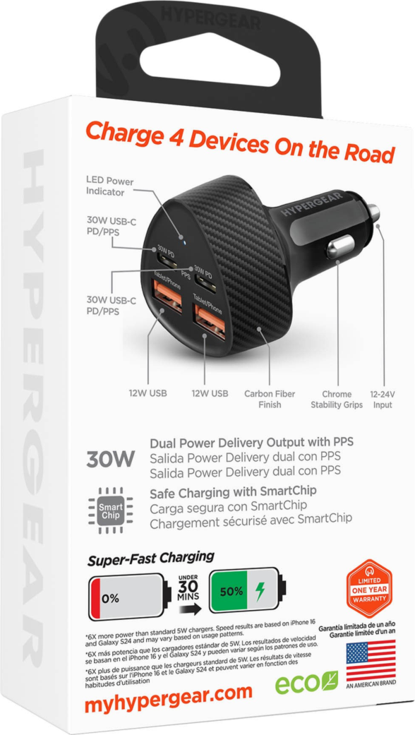 Chargeur de voiture HyperGear SpeedBoost 77 W à double port USB-C et double port USB-A CLA à recharge rapide - Noir