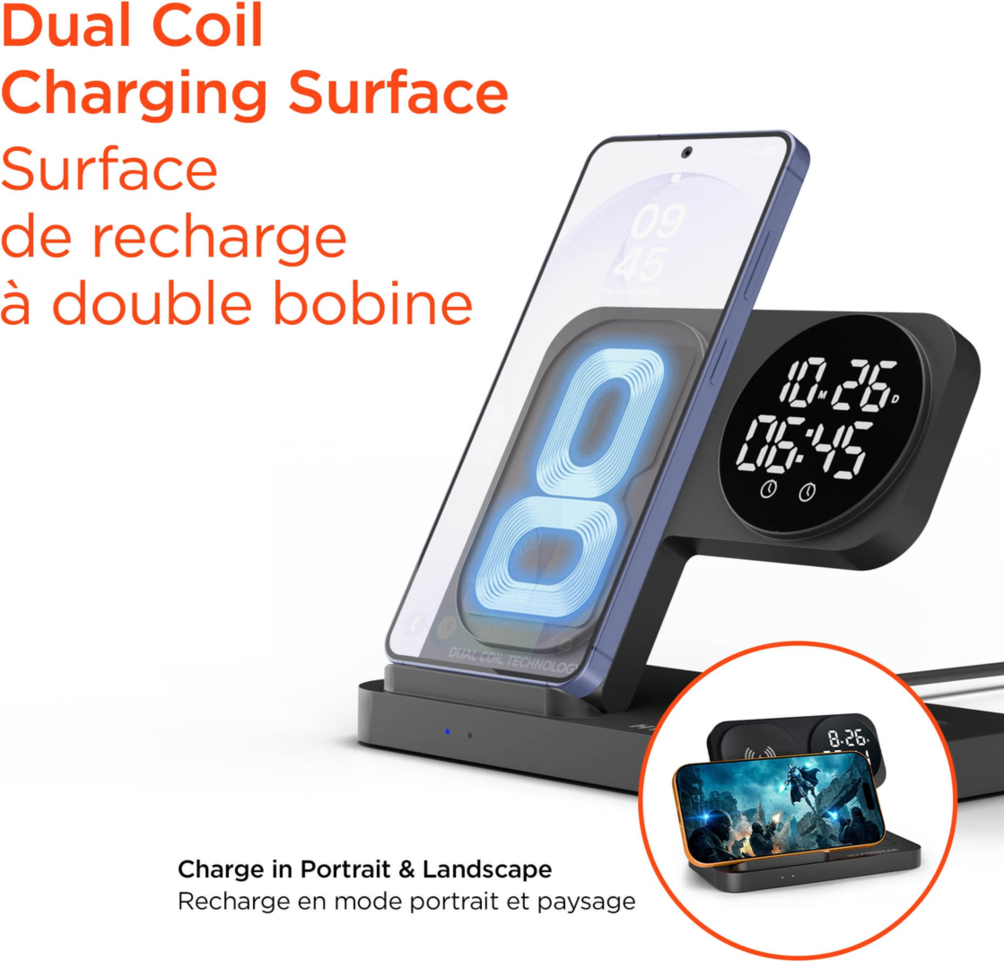 Hypergear 15W Powerfold 24/7 3in1 Foldable Wireless Charging Stand w/Digital Alarm Clock - Black