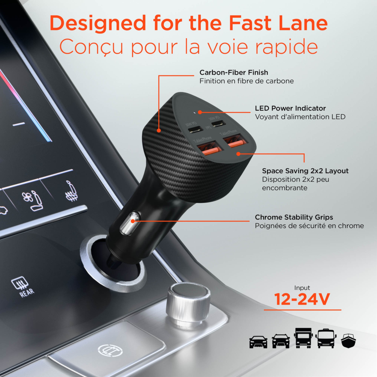HyperGear SpeedBoost 77W Dual USB-C + Dual USB-A CLA Fast Charge Car Charger - Black
