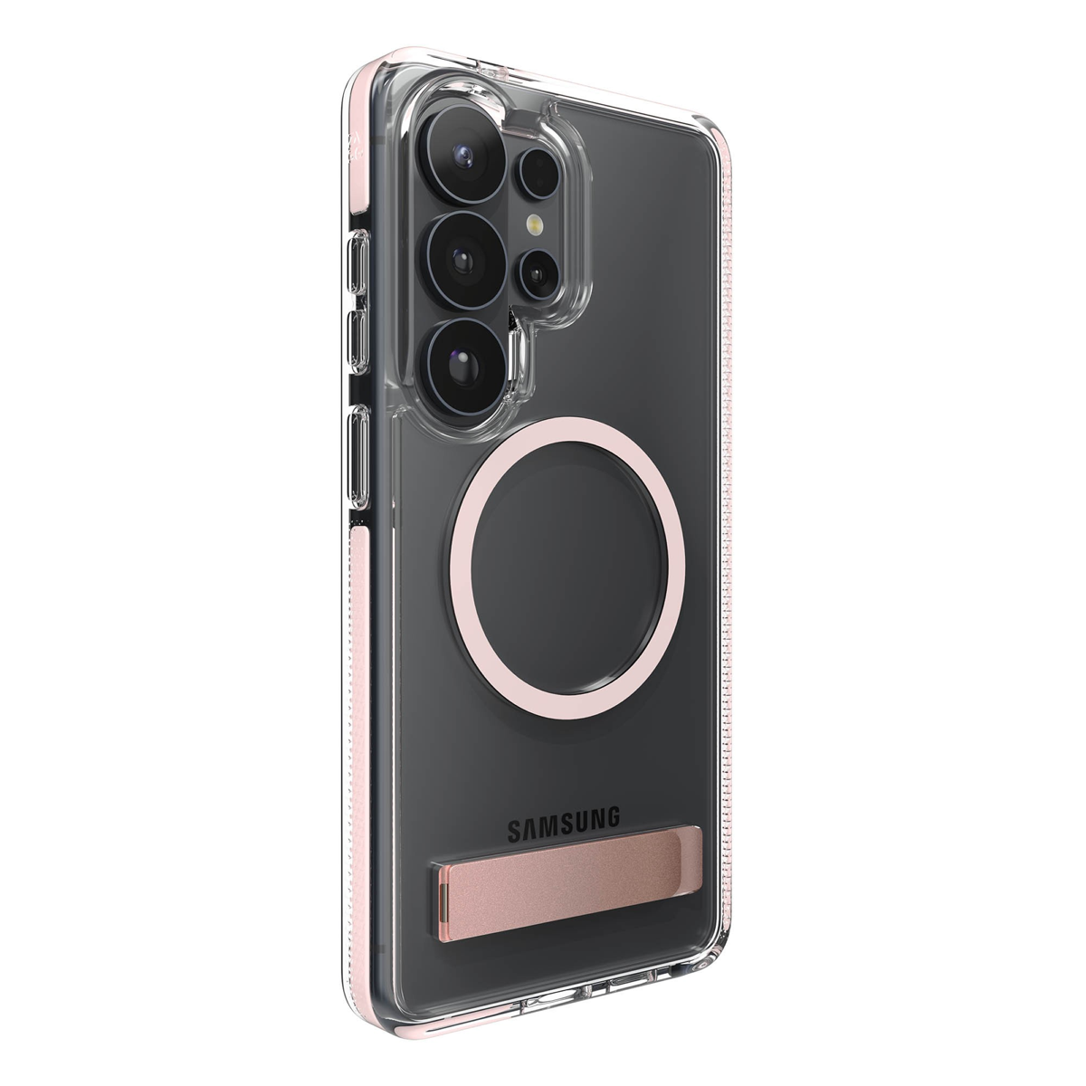 The ZAGG Santa Cruz Snap is a transparent case with pops of color that accent its design. It offers 13-foot drop protection, a sturdy kickstand that folds flush with the case.