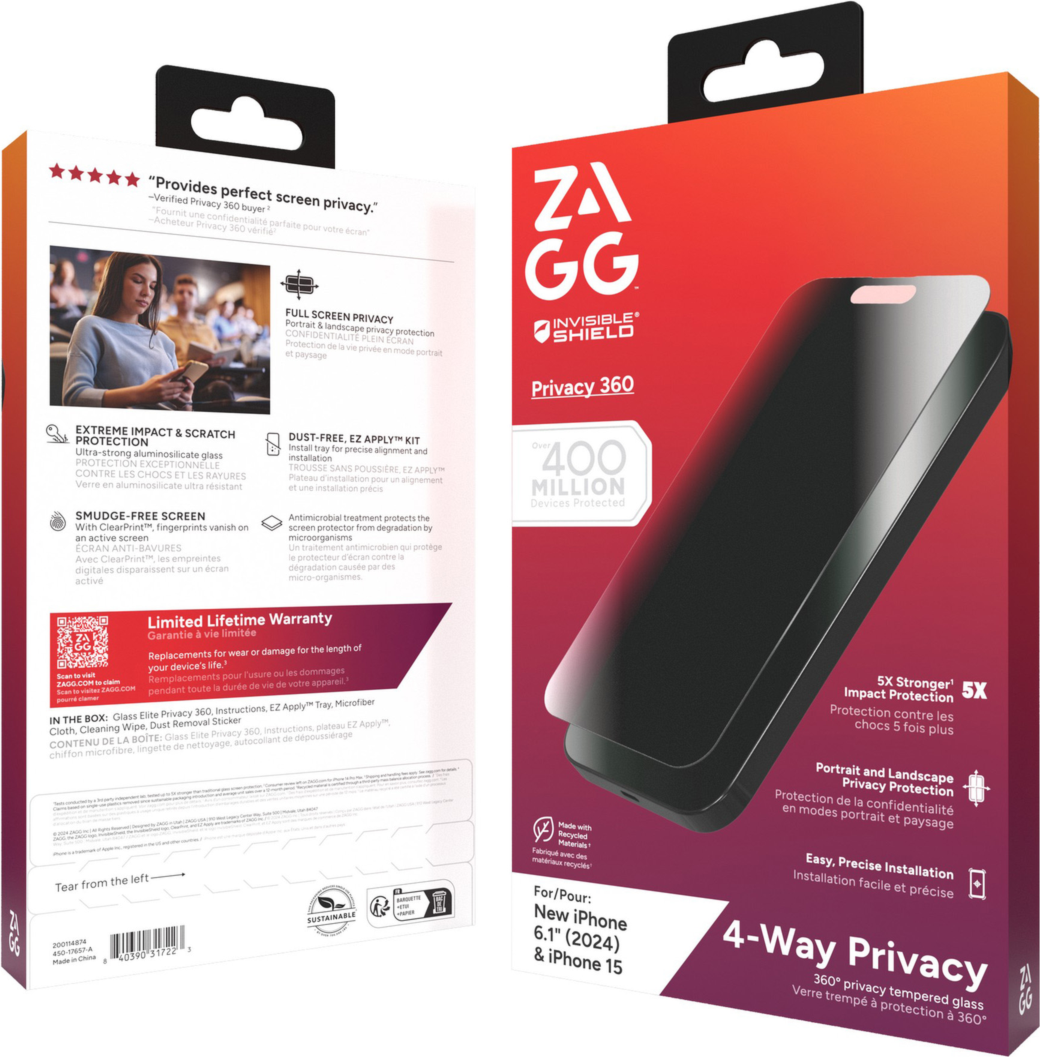 <p>The ZAGG InvisibleShield Glass Elite Privacy 360 Screen Protector has a four-way filter that protects your screen from prying eyes in portrait or landscape mode.</p>