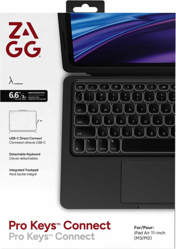 The ZAGG Pro Keys keyboard & case connects to iPad through USB-C and features laptop-style keys & trackpad, adjustable stand and a holder for the Apple Pencil.