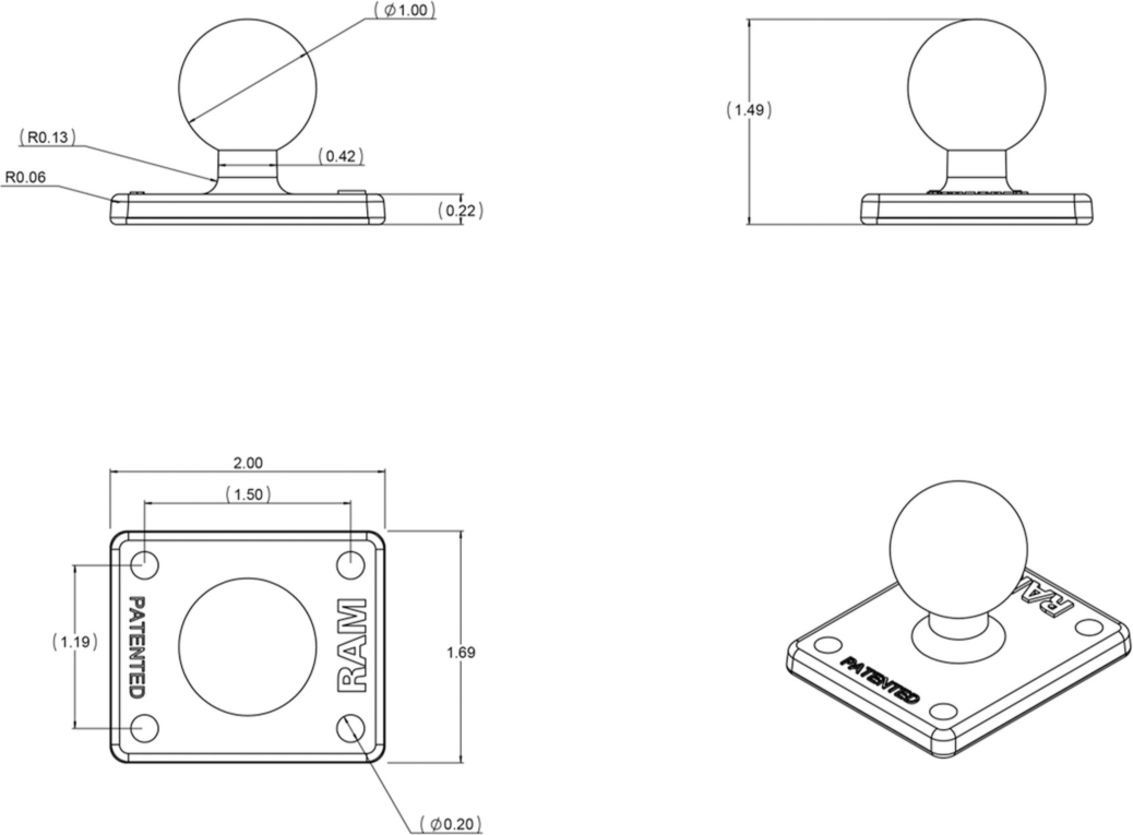 The RAM-B-347U base consists of a B size 1" diameter rubber ball connected to a 2" x 1.7" square base. The base has four pre-drilled holes at each corner, using the universal AMPS hole pattern.