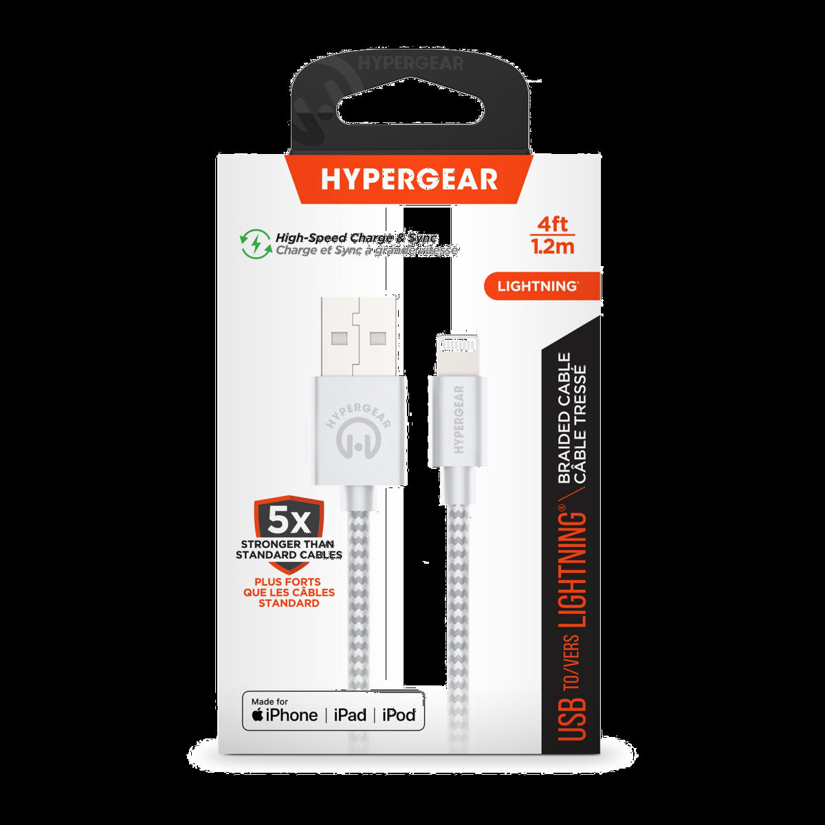 HyperGear 4 ft. (120cm) USB-A to Lightning Braided Charge and Sync Cable - White