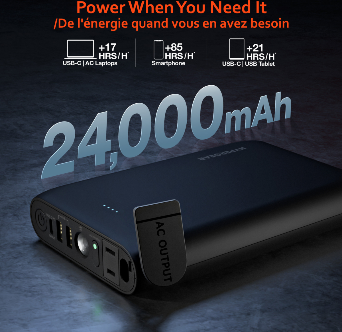 <p>The HyperGear 24,000mAh Power Brick Laptop Power Bank charges 4 devices at once, delivering up to 80W of combined power with 65W USB-C and A/C outlet.</p>