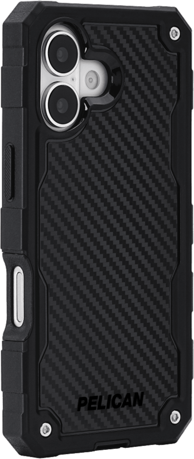 The Pelican Shield MagSafe Case offers 24-foot drop protection, featuring a dual-layer defense, carbon fiber, a textured grip, a versatile belt clip/stand, and MagSafe charging compatibility.