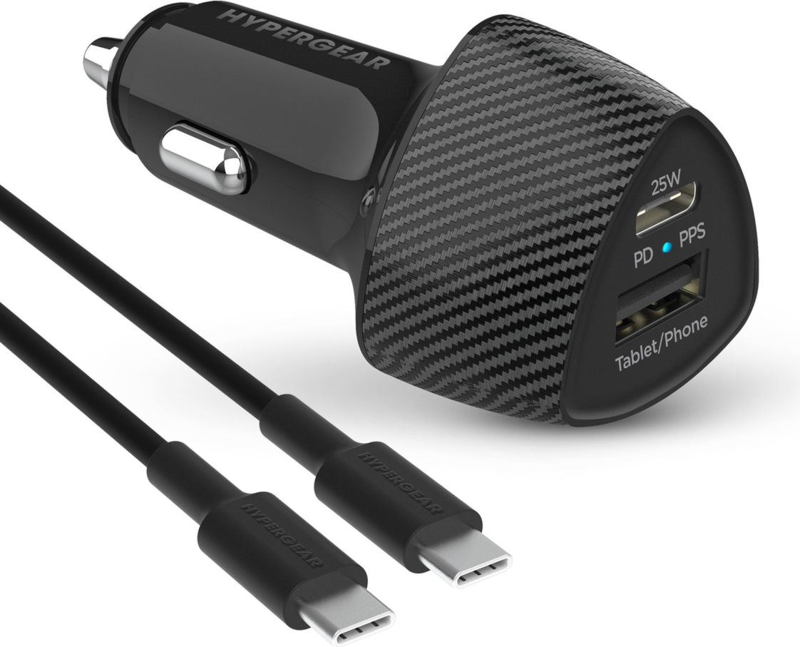 <p>This HyperGear SpeedBoost Car Charger can fast charge up to two devices at once with a 25W USB-C port and a 12W USB port. Includes a 4ft USB-C to USB-C cable.</p>