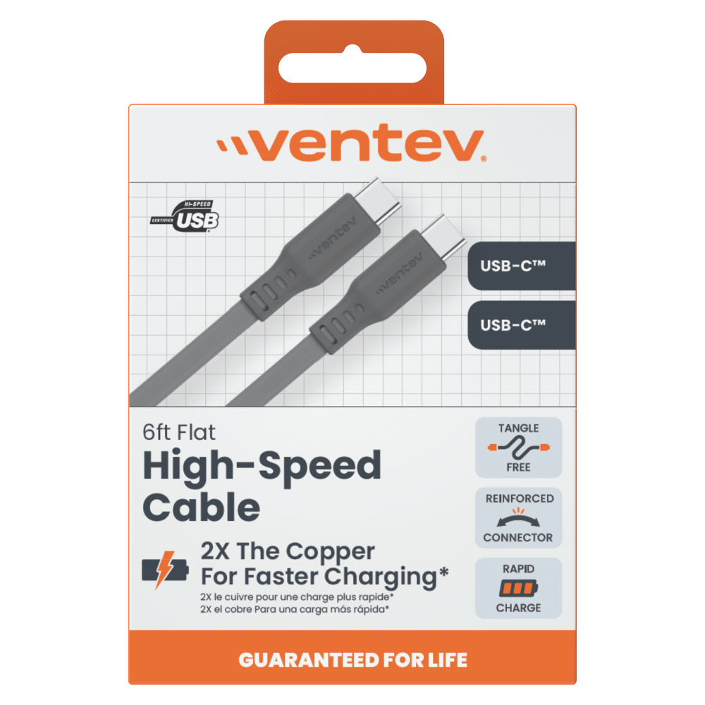 Ventev - Flat USB C to USB C High Speed Tangle-Free Cable 6ft - Gray