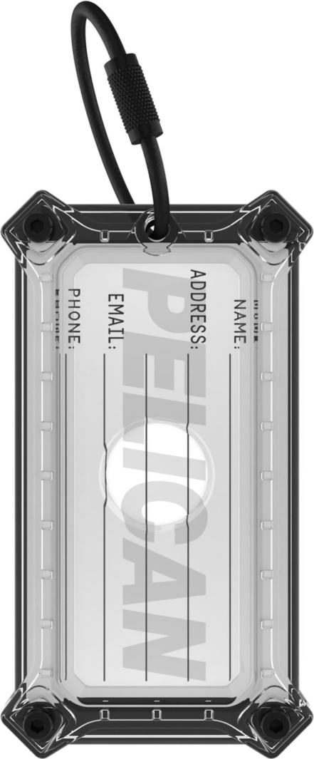 The Pelican Protector Luggage Tag offers rugged, military-grade protection for an AirTag and name card within its screw-secured, steel-reinforced hardshell with detachable stainless steel cable.