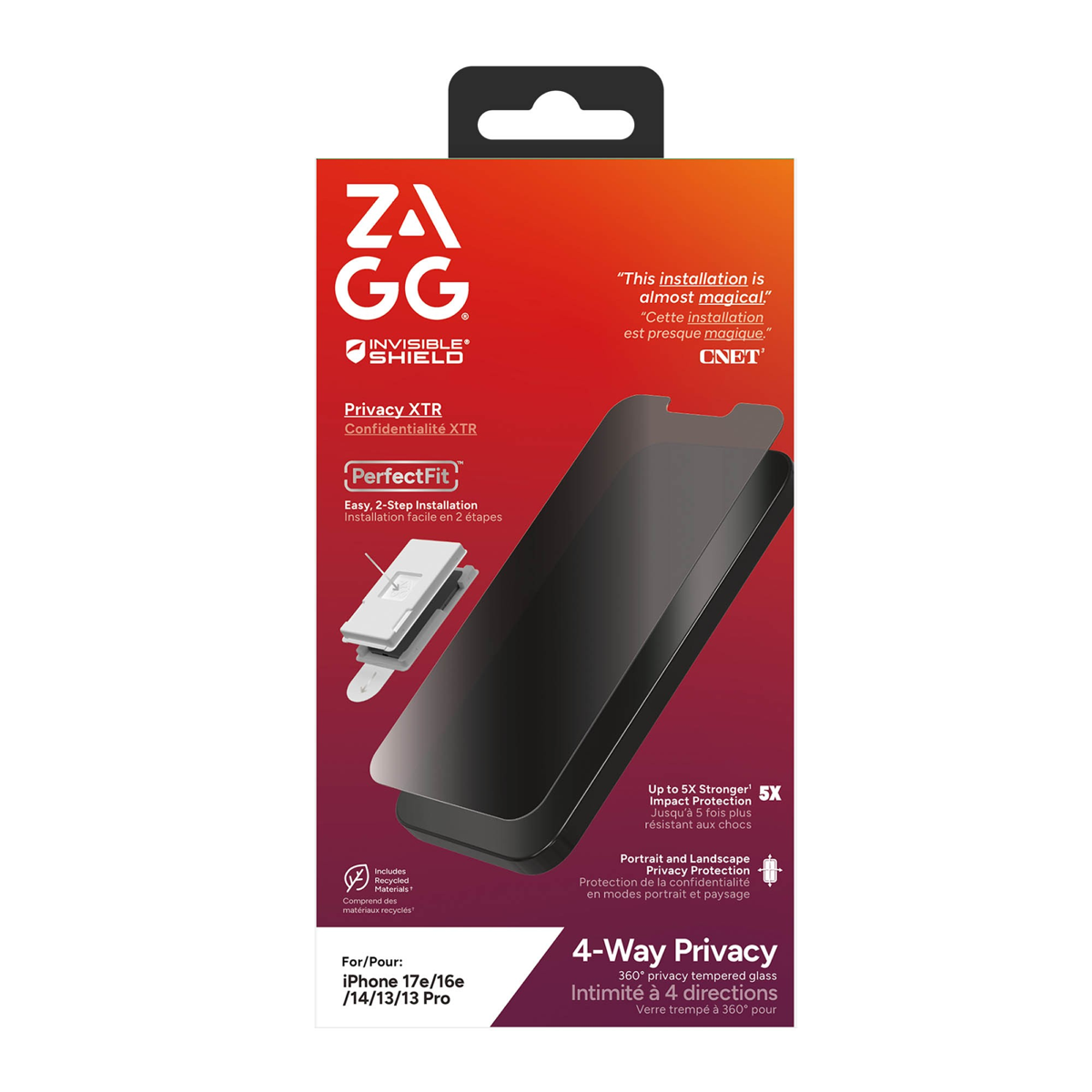 The ZAGG InvisibleShield Glass Elite Privacy XTR Screen Protector has a four-way filter that protects your screen from prying eyes in portrait or landscape mode.