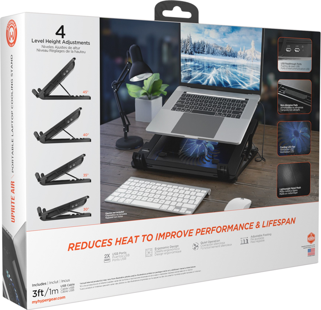 <p>Enjoy adjustable, ergonomic comfortability and protective cooling for laptops with the HyperGear UpRite Portable Laptop Cooling Stand. </p>