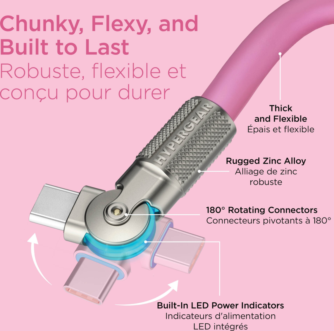 HyperGear 12 ft. 360cm USB-C to USB-C Chunky 180 Rugged Cable w/Rotating Connectors - Pink