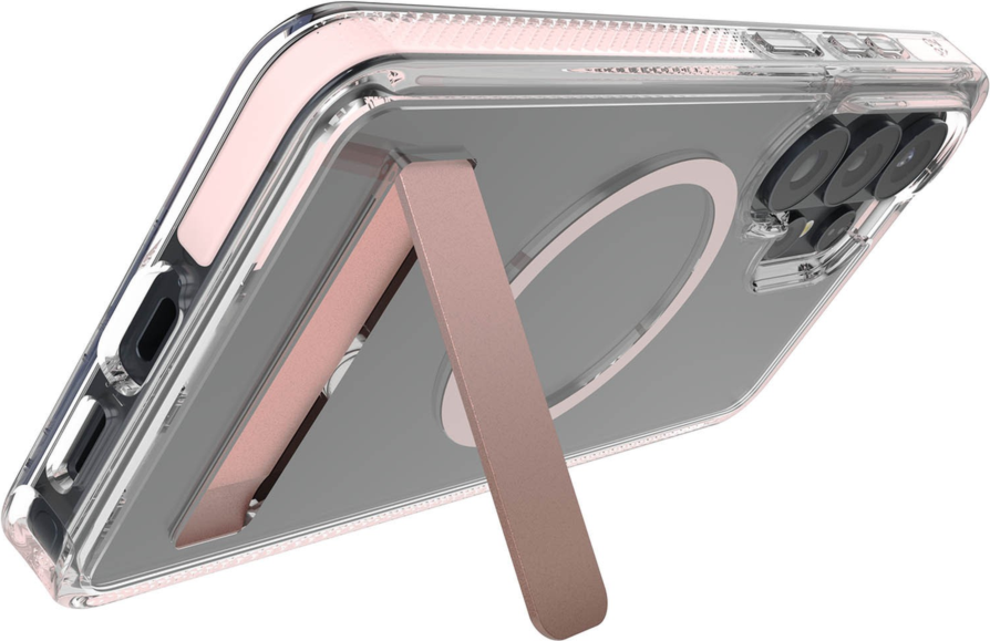 The ZAGG Santa Cruz Snap is a transparent case with pops of color that accent its design. It offers 13-foot drop protection, a sturdy kickstand that folds flush with the case.