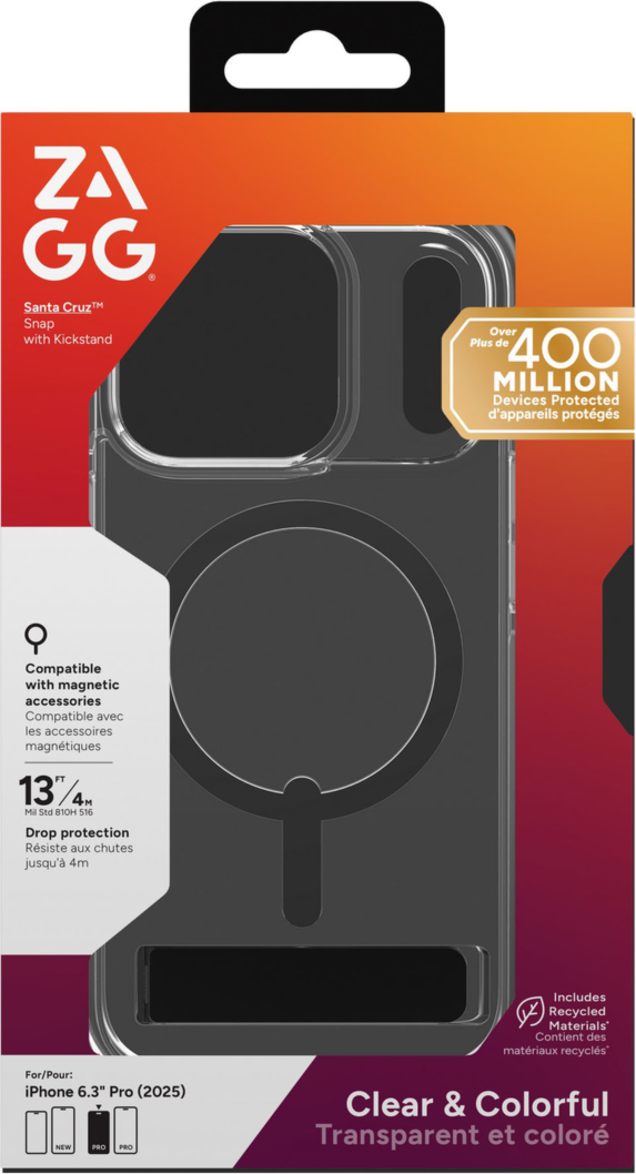 The ZAGG Santa Cruz Snap is a transparent case with pops of color that accent its design. It offers 13-foot drop protection, a sturdy kickstand that folds flush with the case, and is MagSafe compatible.