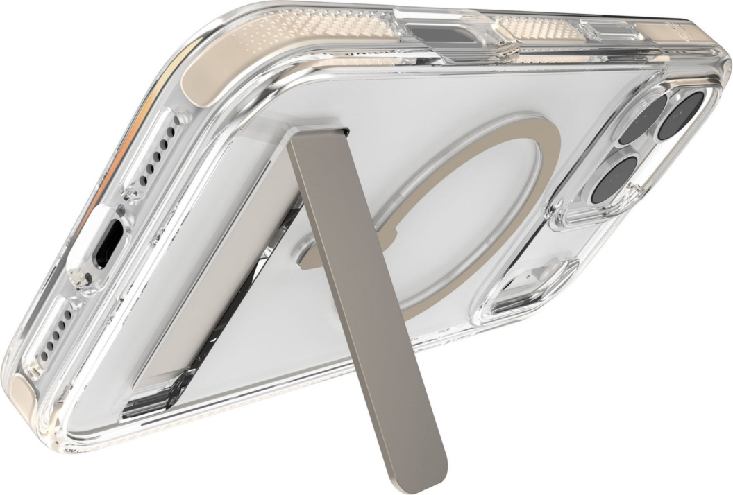 The ZAGG Santa Cruz Snap is a transparent case with pops of color that accent its design. It offers 13-foot drop protection, a sturdy kickstand that folds flush with the case, and is MagSafe compatible.