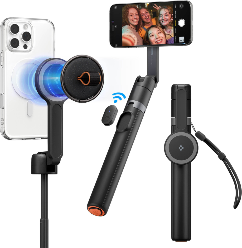The Spigen Tripod MagFit Selfie Stick combines magnetic mounting, auto-opening tripod, and Bluetooth control for stable, extended, hands-free shooting.