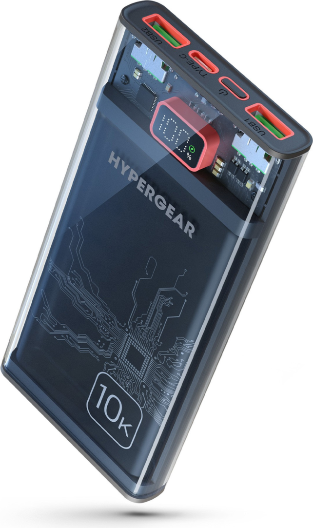 <p>The HyperGear 10,000 mAh Transparent Fast Charge Power Bank charges 3 devices at once, delivering up to 22.5W of combined power with a USB-C PD port and two USB-A fast charging ports.</p>