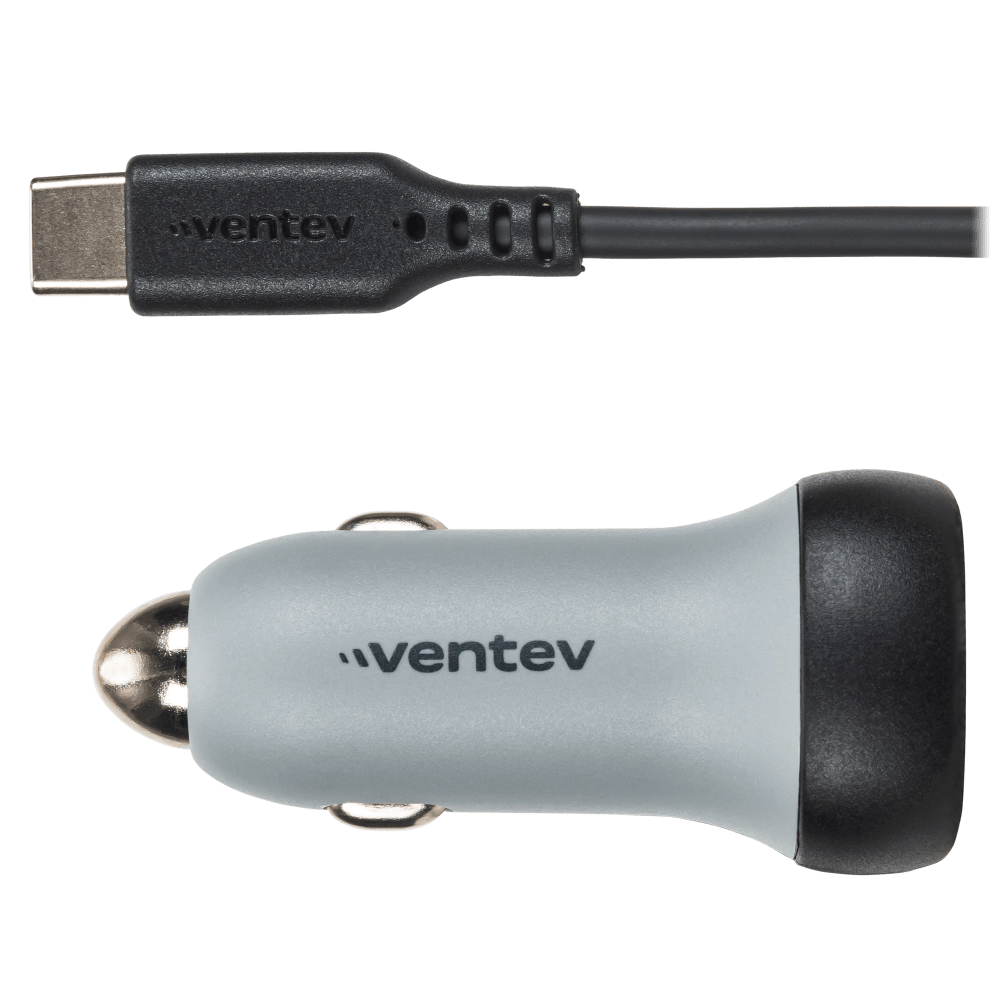 Ventev - 12W USB-A Car Charger with attached 15W USB-C Cord - Dark Gray