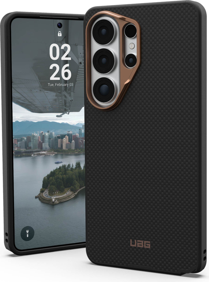 Crafted with premium DuPont™ Kevlar® and striking metallic accents, the UAG Fibr Armr case blends 15ft drop protection with a slim TPU frame and integrated magnets for wireless charging and accessories.