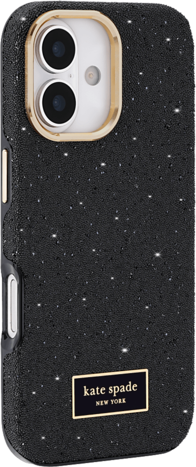 The kate spade new york Crystal Pavé Case is a stylish phone case featuring a black crystal pavé inlay with gold hardware, provides 12-foot drop protection and offers MagSafe compatibility.